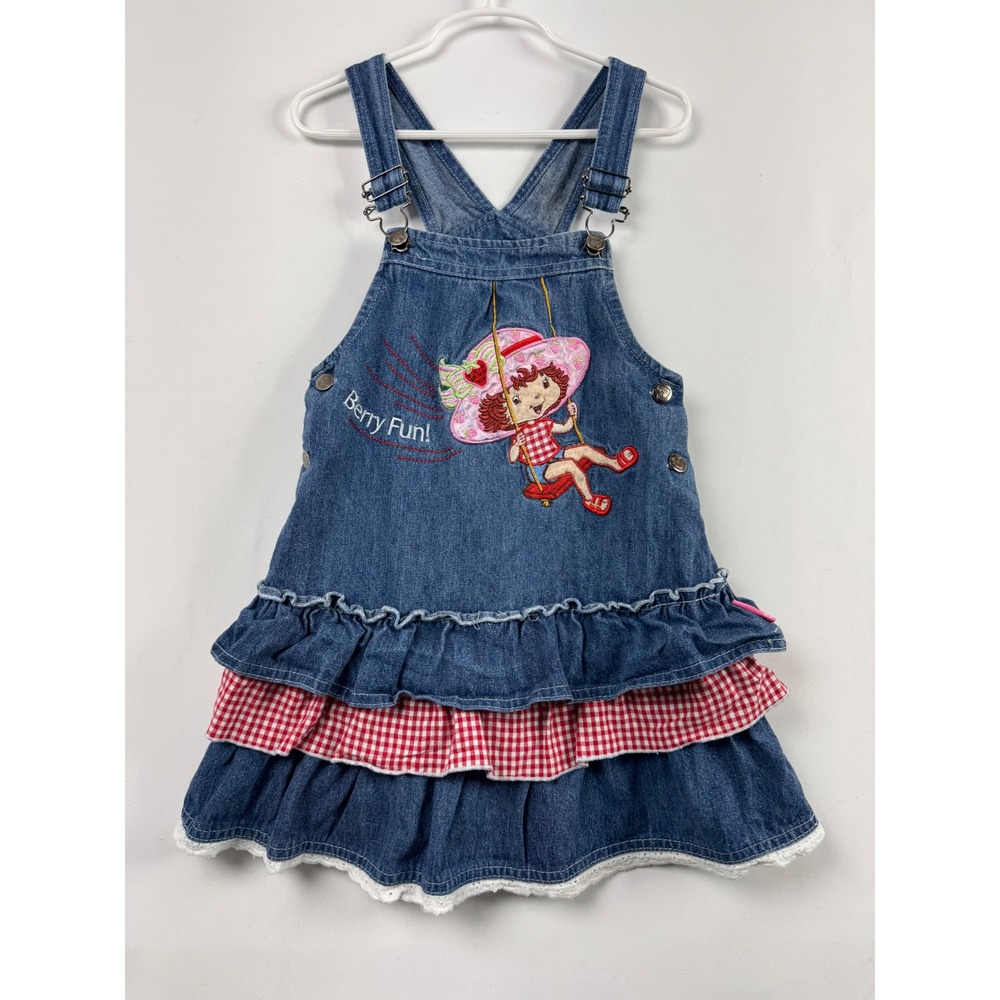 Y2k Strawberry Shortcake Denim Overall Dress Girls 5 Gingham Tiered Ruffle Lace